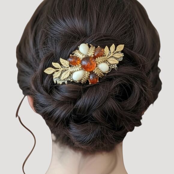 Bridal Hair Comb Amber Gold Vintage Wedding Hairpiece Accessories Formal Clips - Picture 1 of 4